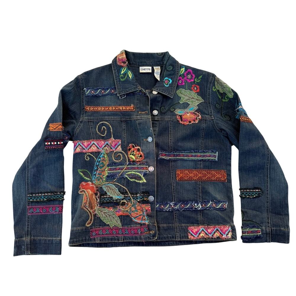 Chico's Denim Jean Jacket Floral Embroidery Appliqué Boho Hippie size 1 -Medium?